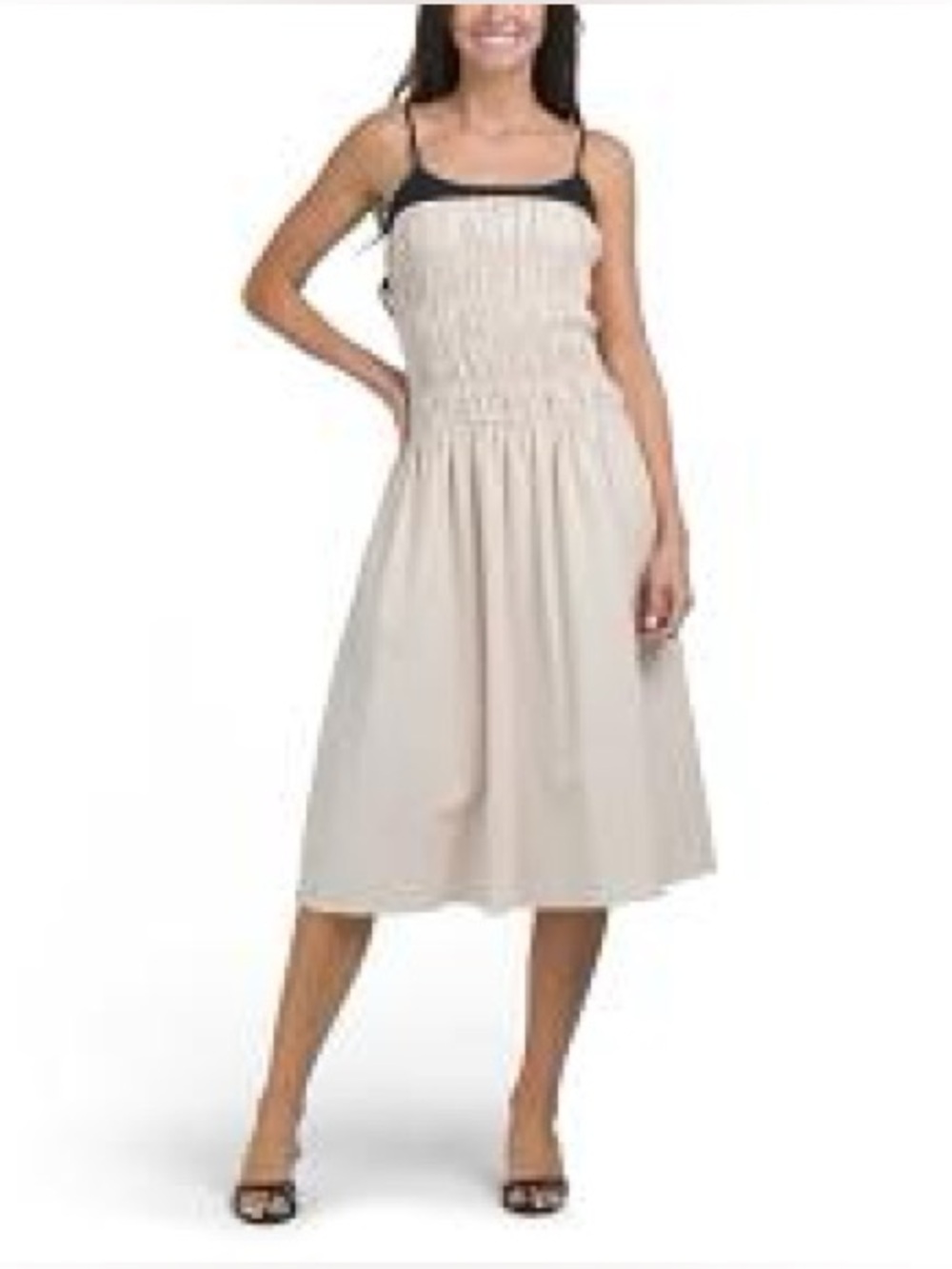 NWT- idem ditto Spaghetti Strap Midi Dress in Beige with Black Trim